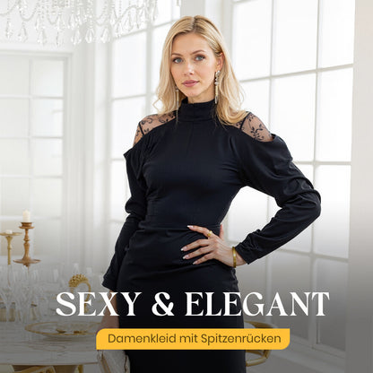 Elegant midi dress for women with a stand-up collar and lace detailing on the back