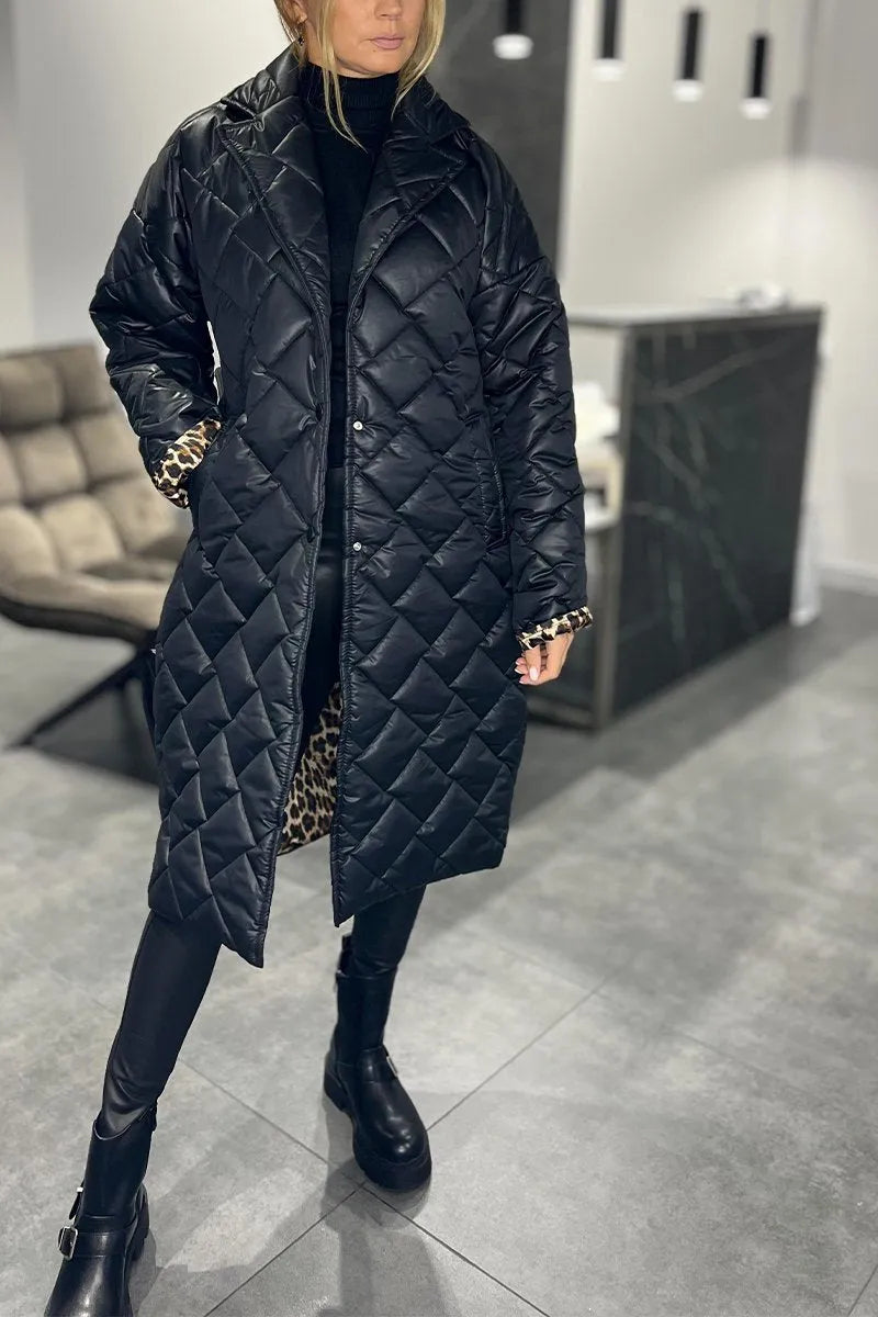 ÉCLAT – Mid-length quilted reversible coat with leopard lining