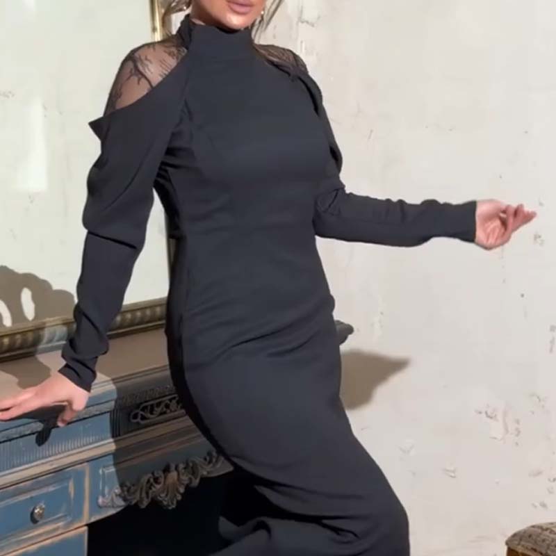 Elegant midi dress for women with a stand-up collar and lace detailing on the back