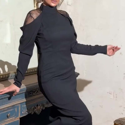 Elegant midi dress for women with a stand-up collar and lace detailing on the back