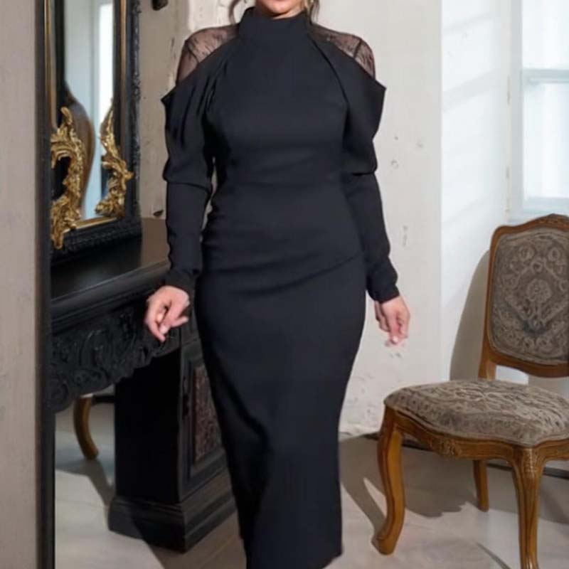 Elegant midi dress for women with a stand-up collar and lace detailing on the back