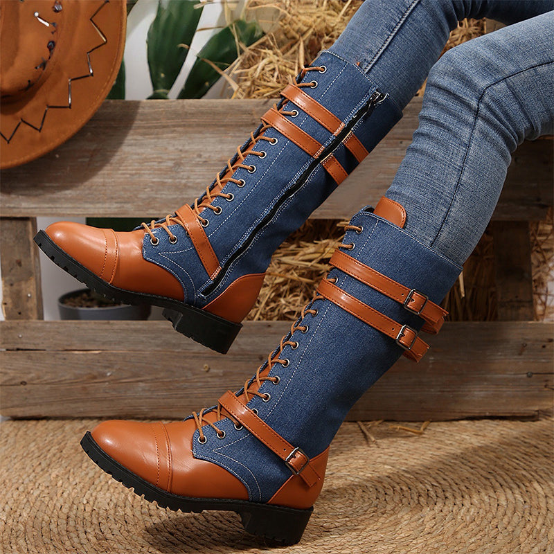 Vintage combat boots for women with laces and buckle